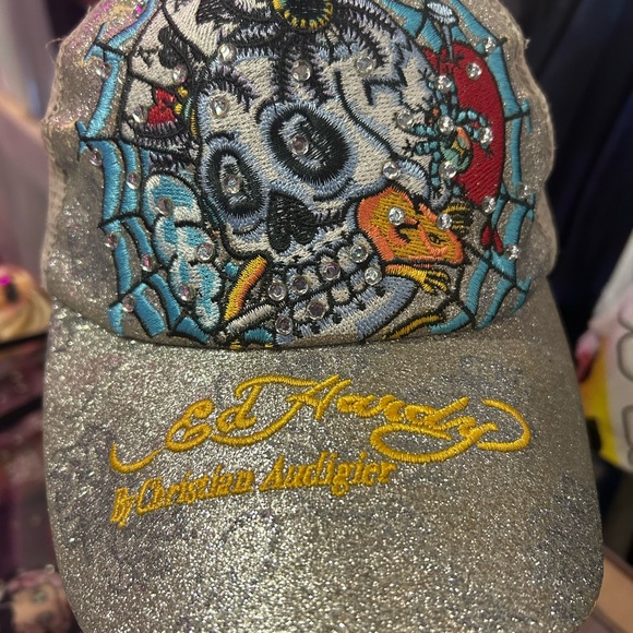 Ed Hardy Glittering Silver Cap with Skull and Web Design